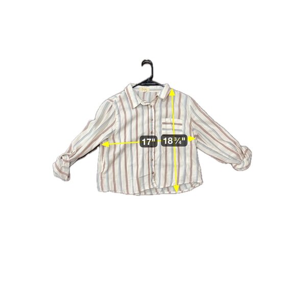 Love Notes Womens Sz Large Striped Button-Down Cropped Shirt Beige Blue Brown - Picture 7 of 10